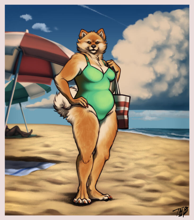 A digital painting resembling a polaroid taken of an anthropomorphic Pomeranian dog woman standing on a beach. The background has sand, two sunshades, the sea and some clouds in it. She's wearing a teal colored swimsuit and holding a beach bag.