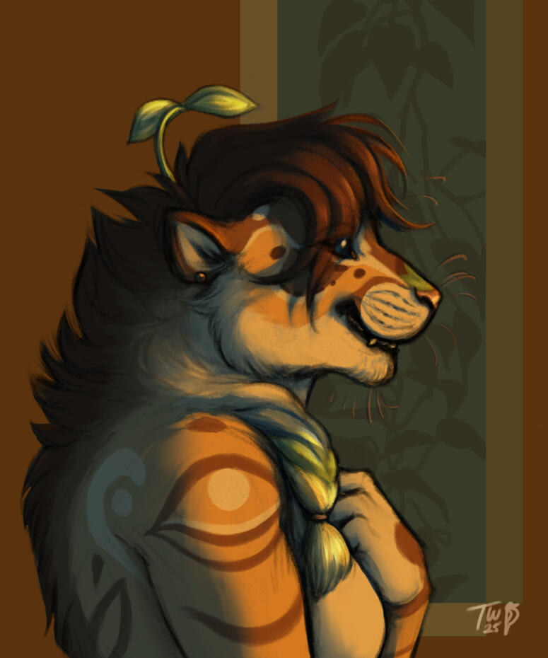 A digital portrait of an anthro tiger with an ornamenta background.
