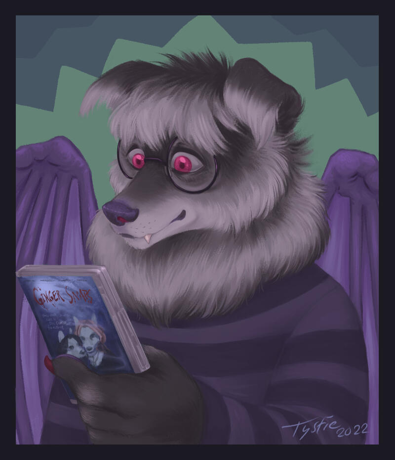 A digital lineless portrait of an anthro character reading a dvd case.