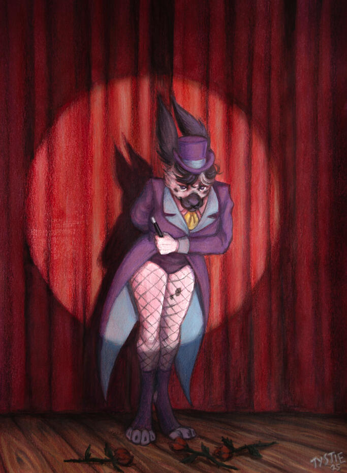 A traditional mixed media painting of an anthropomorphic magician bunny taking a bow.