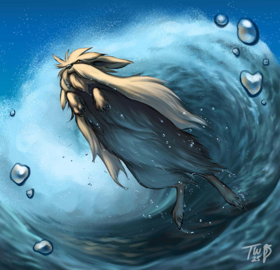 A digital painting of a Stoutland Pokémon jumping from a wavy sea.