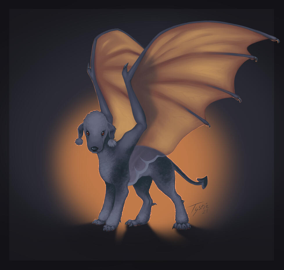 A digital lineless painting of a bedlington terrier with bat wings.