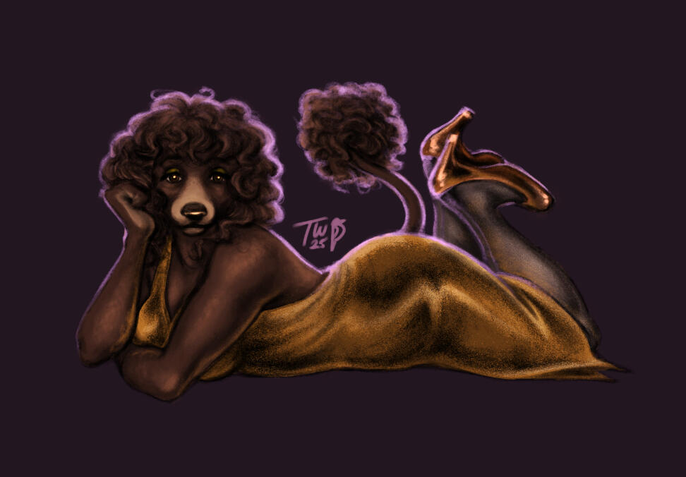 A digital painting of a dark brown poodle lady lying on her stomach in a golden satin dress and high heels.