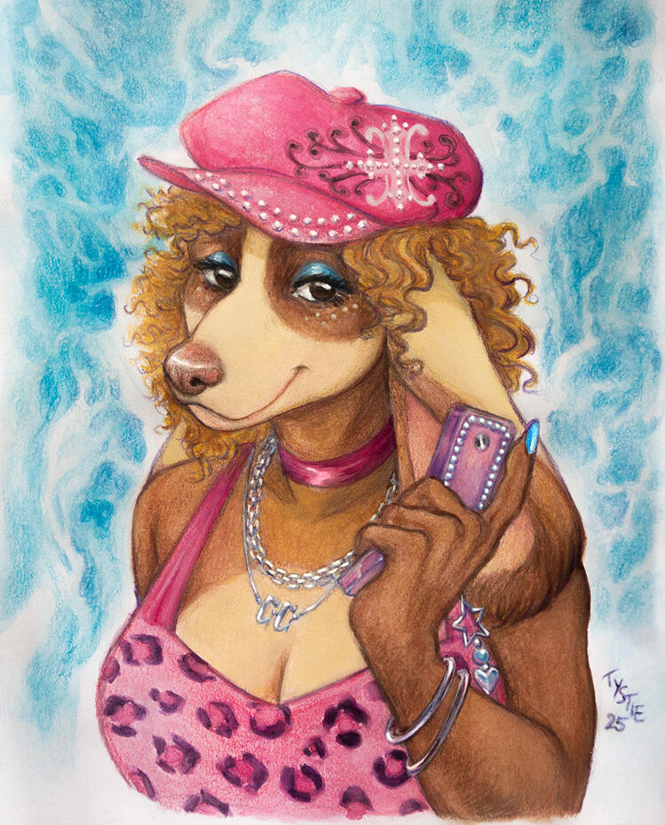 A traditional mixed media portrait of a feminine canine anthro character.