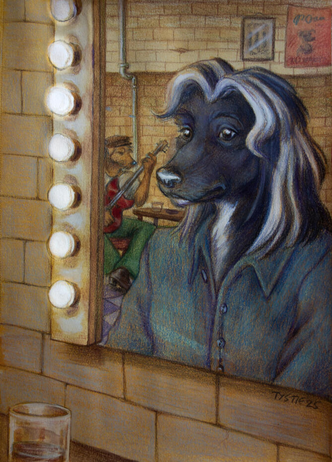 A traditional mixed media painting of a dog man looking at the mirror, and the mirror showing his bandmate, another anthro dog, playing a guitar.