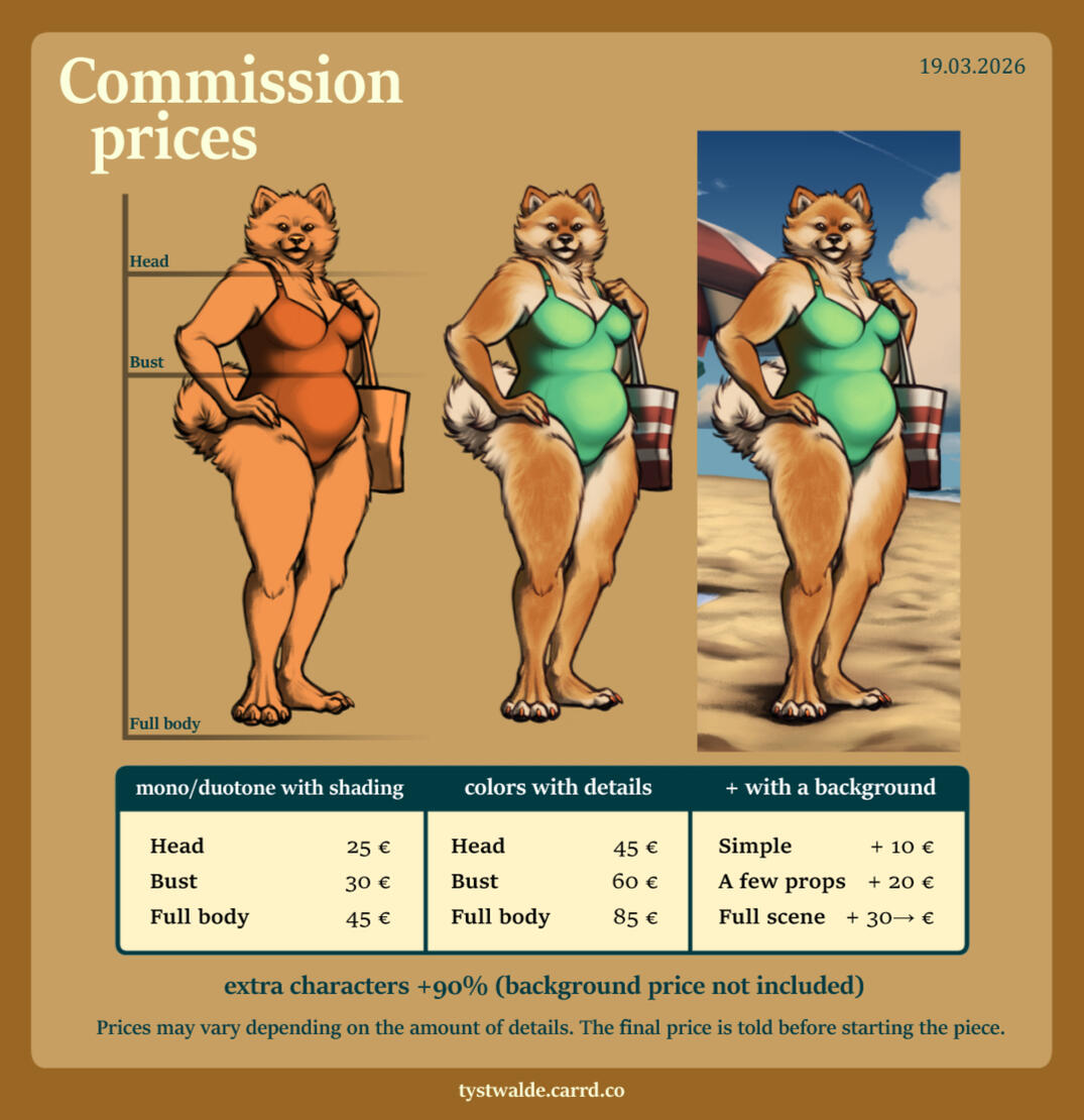 Commission sheet A commission sheet that includes pricing.
